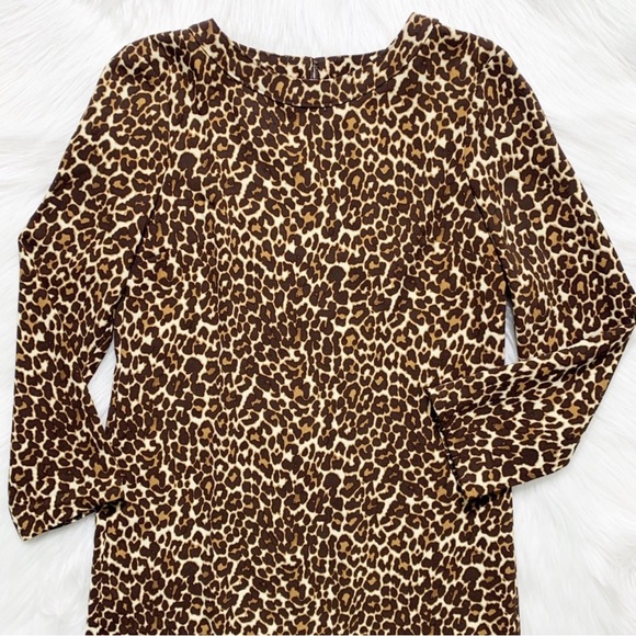 J. Crew Leopard Print Brown Cream Tan Black Long Sleeve Shift Dress - Picture 5 of 9
